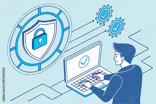 Data protection and cybersecurity concept with secure VPN access and zero trust security, businessperson using laptop with encrypted network connection.