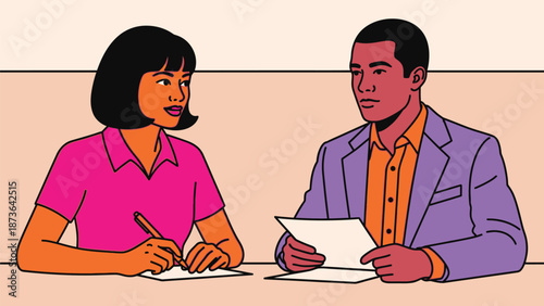 Dynamic graphic showing a productive interaction between two diverse individuals sharing ideas and
