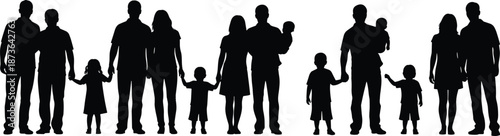 Black silhouettes set of diverse families with kids, successful business teams, playful children, travelers with umbrellas, and fashion handbags isolated.