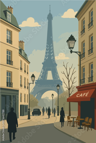 Charming Paris street illustration featuring the Eiffel Tower view framed by classic buildings perfect for travel editorial posters postcards and tourism marketing