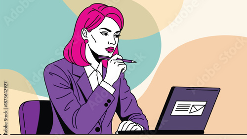 Stylized professional woman deeply engrossed in digital work, contemplating solutions with a