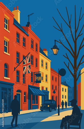 Stylized illustration of an urban street with colorful buildings pedestrians and warm tonal contrasts ideal for travel posters editorial art and city guides