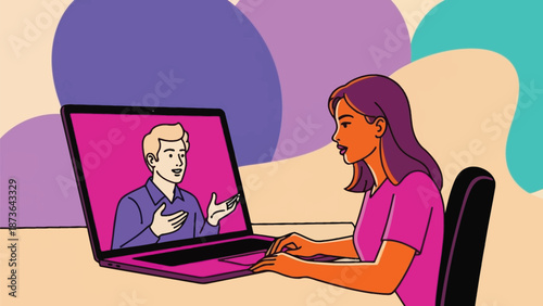 Engaged female professional actively participating in an online video conference session on her