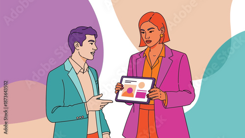 Modern business collaboration with tablet display showcasing data and ideas between colleagues