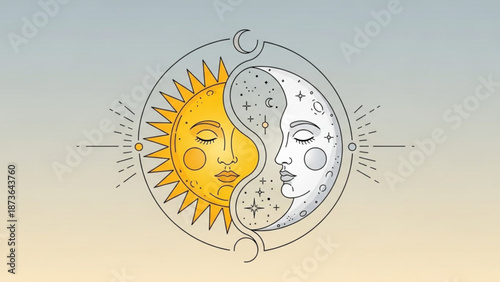 Yin yang sun moon face illustration with stars and rays on gradient background
