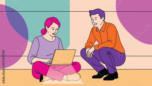 Modern vibrant illustration depicting two colleagues collaborating on a digital project with a