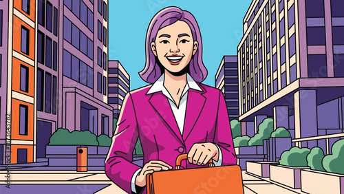 Confident smiling businesswoman in vibrant city scene with briefcase ready for a successful workday