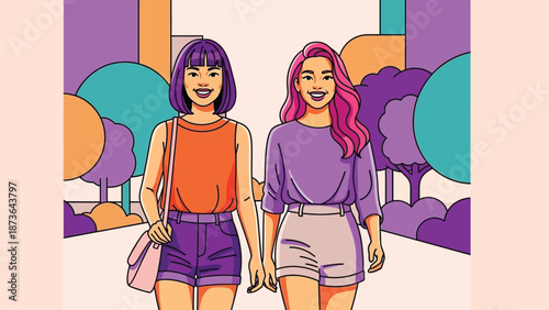 Vibrant vector artwork of two cheerful young women enjoying a relaxed urban stroll on a bright day