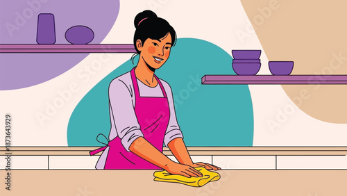 Vibrant illustration of a cheerful woman meticulously cleaning a modern kitchen surface with a