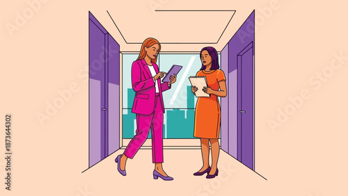 Professional women collaborate in a modern office hallway leveraging digital tools for business