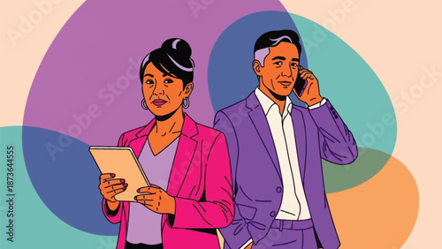 Dynamic professionals embracing digital connectivity and modern communication in a vibrant