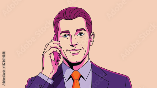 Vibrant vector portrait of a successful businessman making a mobile phone connection with a smile