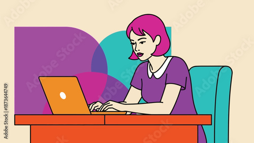 Vibrant illustration of a focused woman with pink hair diligently working on her laptop at a