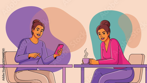 Dynamic depiction of women connecting through modern tech and shared beverage moments