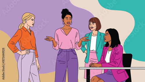 Vibrant illustration of diverse professional women engaging in productive teamwork and spirited