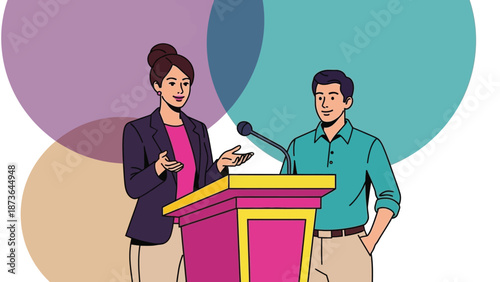 Dynamic presentation illustration with a confident speaker and an attentive colleague