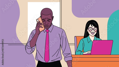 Professional diverse team working diligently in a modern office space, featuring a man on a call