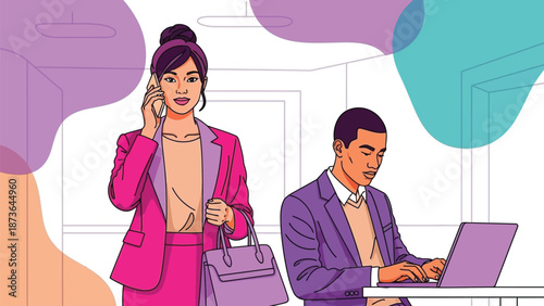 Busy professionals engaging in digital tasks and telecommunication within a contemporary workspace