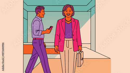 Professional woman confidently strides past a mobile-focused man in a vibrant, modern urban setting