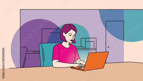 Modern graphic illustration of a dedicated woman working remotely on her laptop at a dynamic home