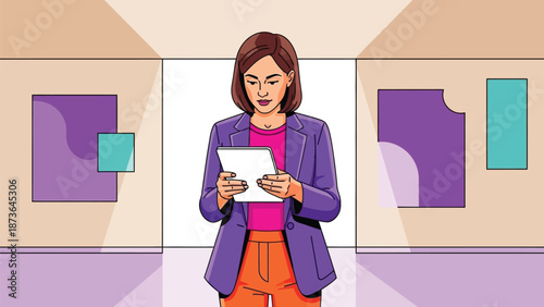 Professional woman engaging with modern digital tablet in minimalist gallery setting