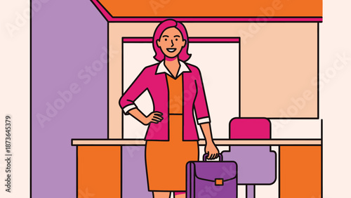 Professional woman ready for work in a vibrant office setting, confident and prepared for a