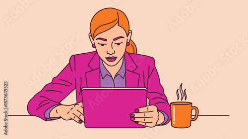 Dedicated woman engaging with technology, enjoying a warm cup during her productive workday