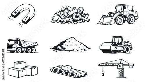 Hand drawn line art construction and logistics set featuring heavy equipment, materials, and industrial processes for building and shipping