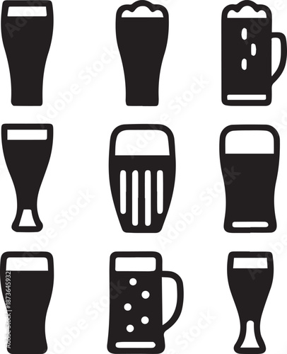 Beer Glass Shapes Black Silhouettes, Beer Glass Silhouette Vector Set