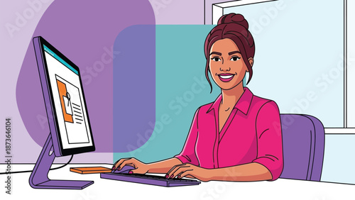 Digital workflow: cheerful woman efficiently operating a computer for task management and online
