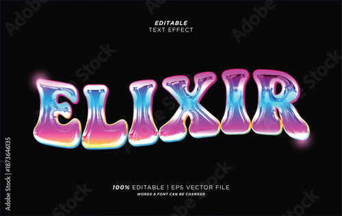 The editable text effect showcases a vector typhograpy design with a vibrant elixir on a black background.
