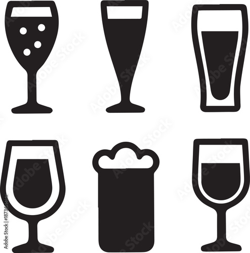 Beer Glass Shapes Black Silhouettes, Beer Glass Silhouette Vector Set
