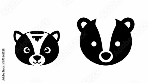 Two stylized badger head vectors in black and white for nature and wildlife designs