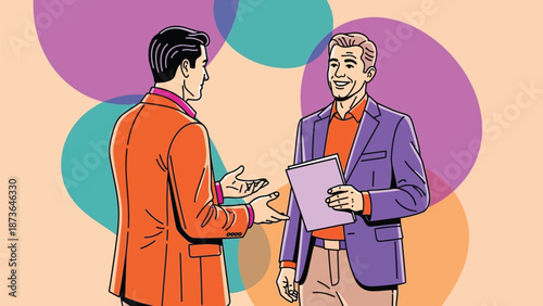 Dynamic professional men engaged in a spirited conversation sharing innovative ideas and future