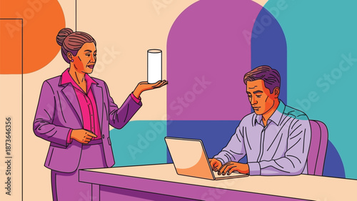 Energetic business woman presents an innovative idea while colleague works on computer in vibrant