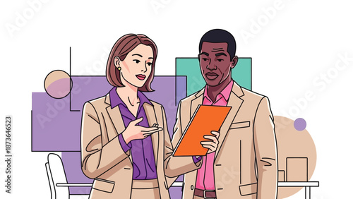 Two diverse business professionals collaborating on a project in a modern office environment