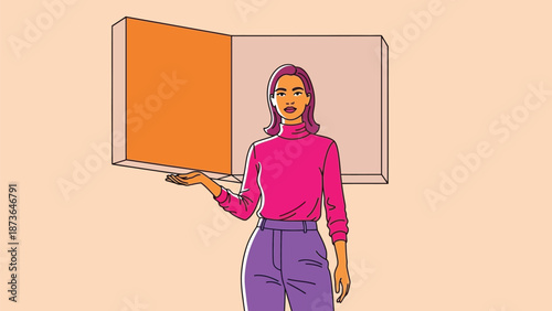 Vibrant illustration of a confident woman explaining with an open gesture beside an abstract element