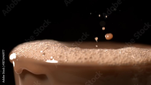 Super slow motion Vibrant chocolate splash, Vividly illustrated cocoa explosion featuring complex droplet
