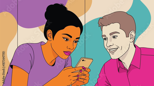 Contemporary illustration of two individuals engrossed in mobile phone content, sharing a digital