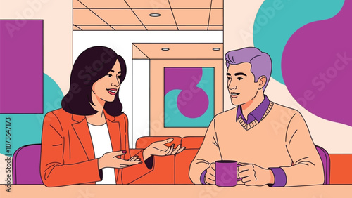 Engaging professional dialogue between two colleagues in a vibrant modern office environment