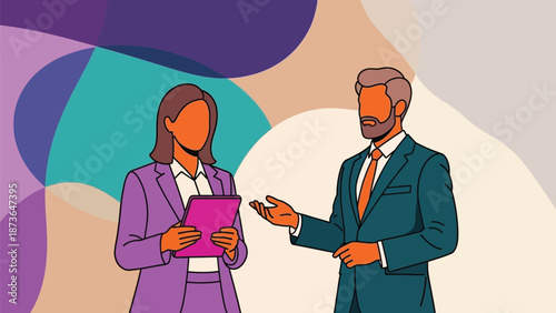 Professional discussion between colleagues using a digital tablet in a vibrant abstract office