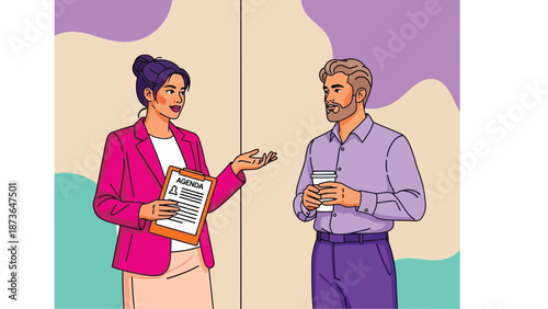 Professional colleagues discuss important business agenda and project plans during a casual office