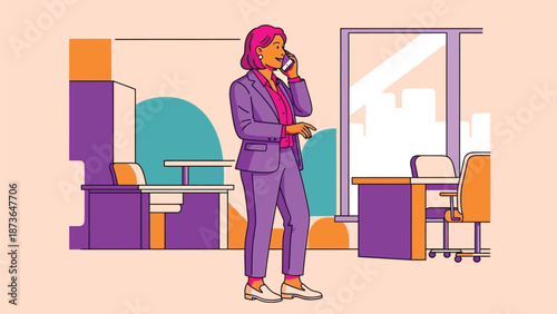 Dynamic professional woman engaged in a business call within a contemporary corporate office