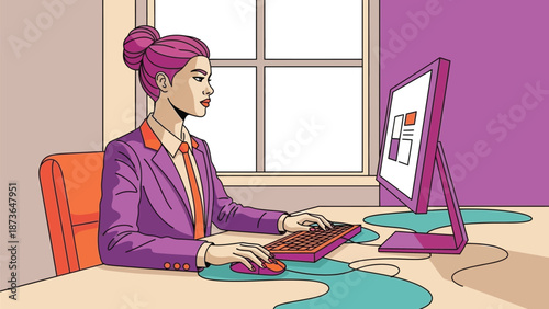 Vibrant illustration of a dedicated businesswoman working efficiently with digital data analytics