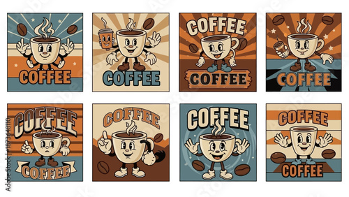 Retro Coffee Cups with Faces and Arms, Vintage Cartoon Style, Set of 8