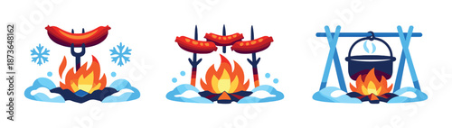 Trio of campfire cooking scenes with sausage and stew in snowy winter setting
