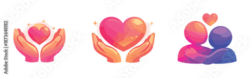 Glowing heart symbols with hands and embracing figures in warm colors