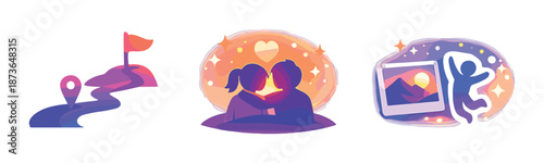 Vibrant journey icons: navigation, romance, adventure illustrated in neon hues