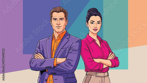 Confident professional man and woman standing together in a bold graphic illustration