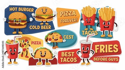Funny Cartoon Food Characters with Fast Food and Drinks, Vector Illustration